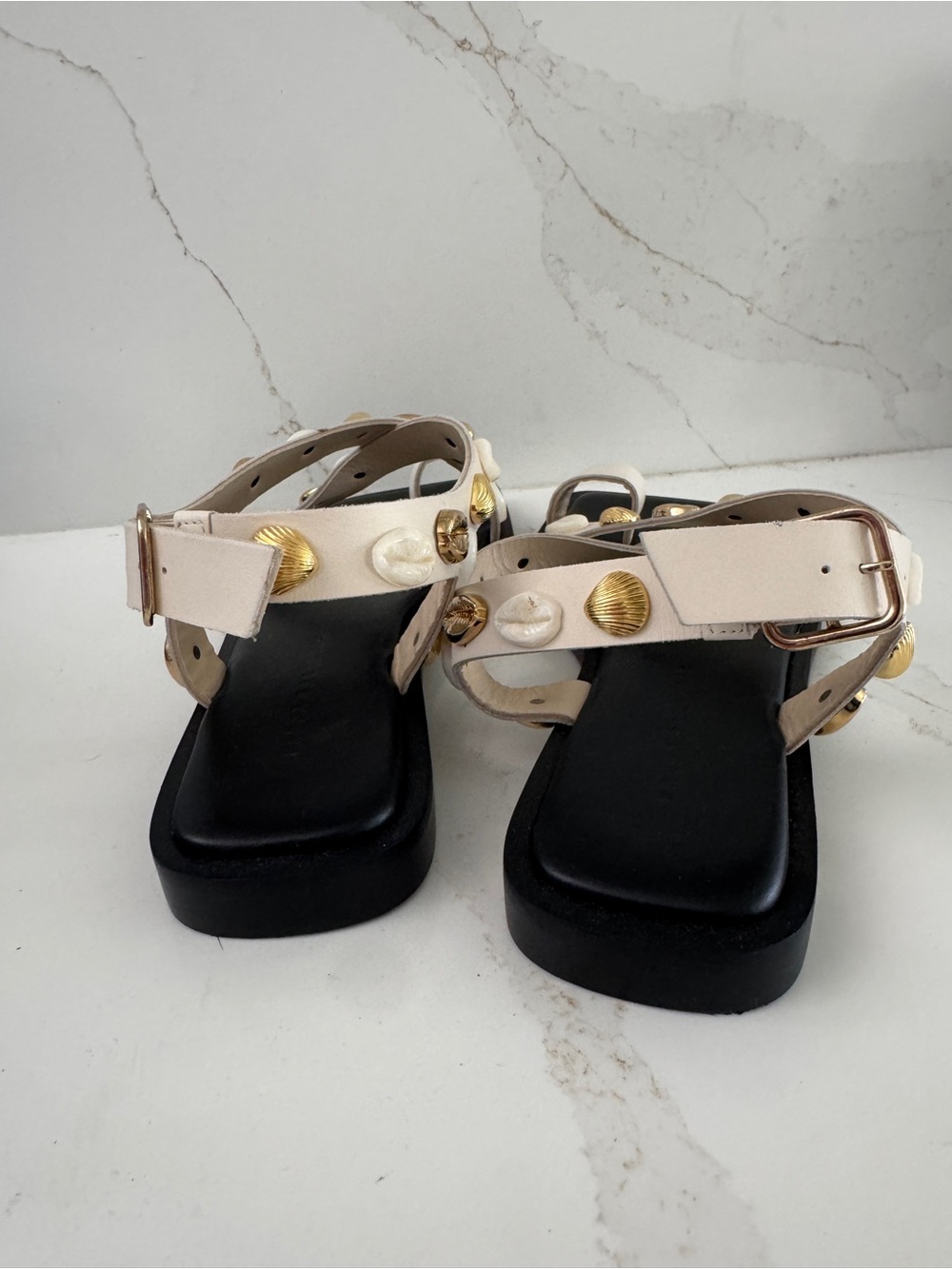 FREDA SALVADOR - PAXTON SANDAL IN BONE CALF W/ GOLD SHELLS - Picture 2 of 5
